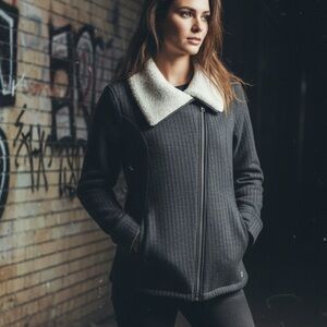 VANS Women's Jacket Asymmetrical Full Zip Sherpa Fleece Lined Buckle Gray Size S